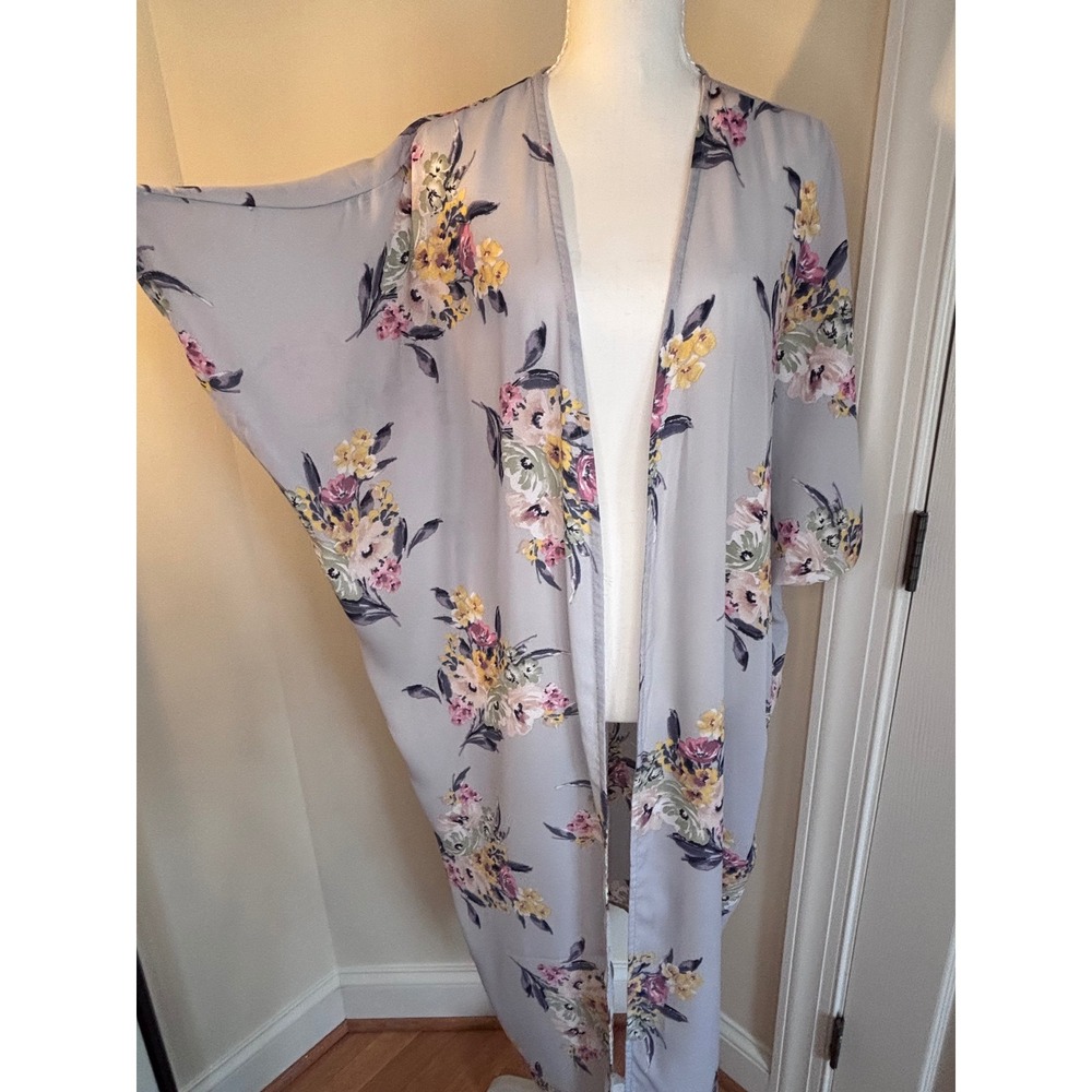 Emory Park Floral Kimono Duster Wrap Cottagecore Light Blue Grey Large